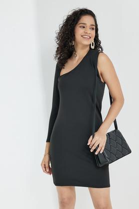 solid asymmetric blended women's knee length dress - black