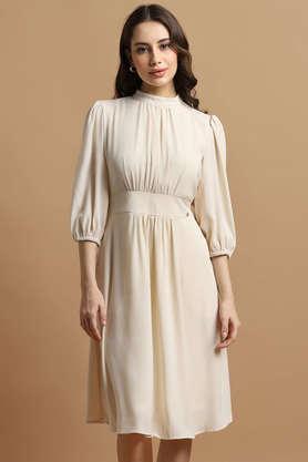 solid asymmetric polyester women's dress - natural