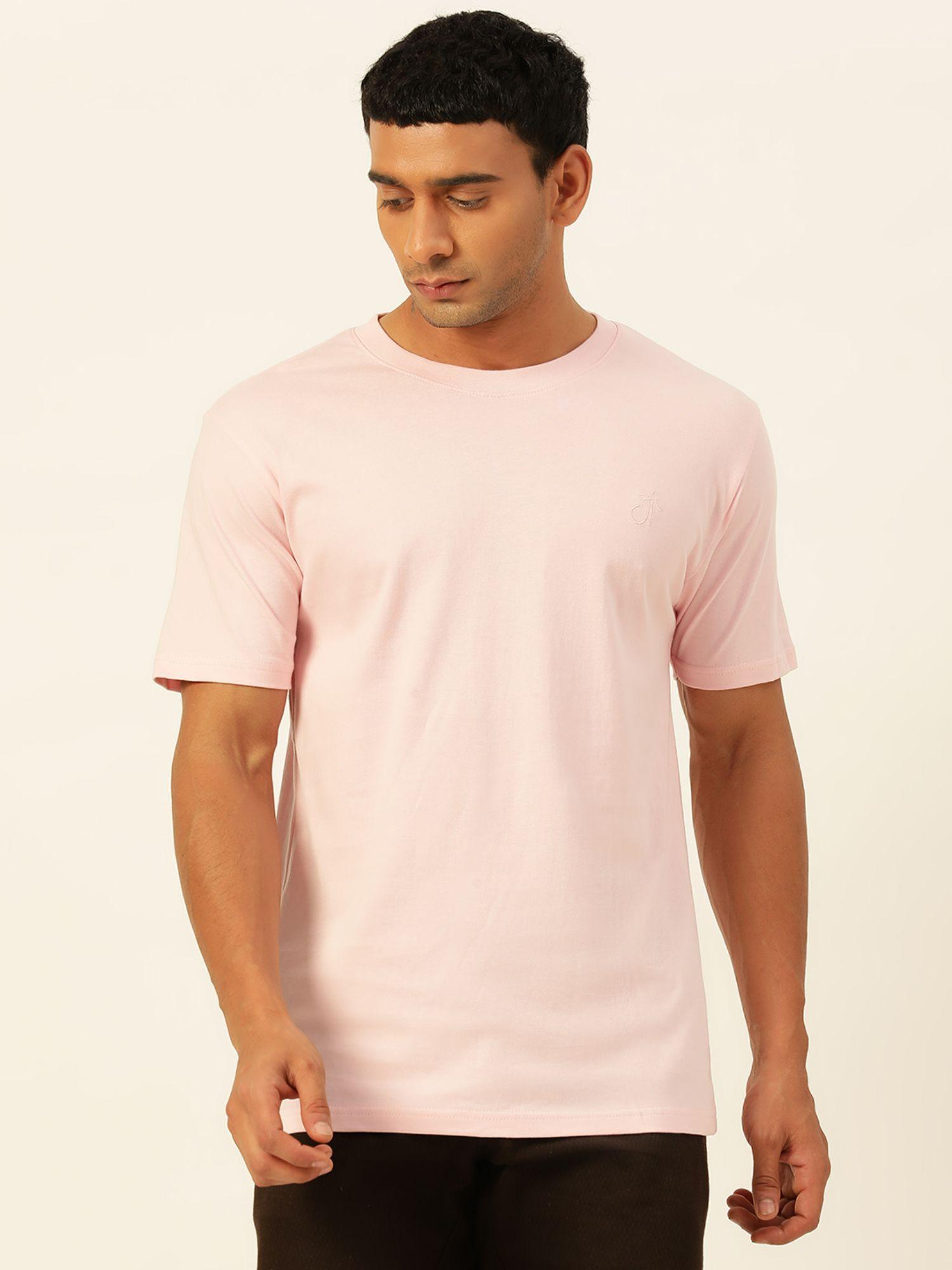 solid baby pink round neck cotton relaxed fit t shirt