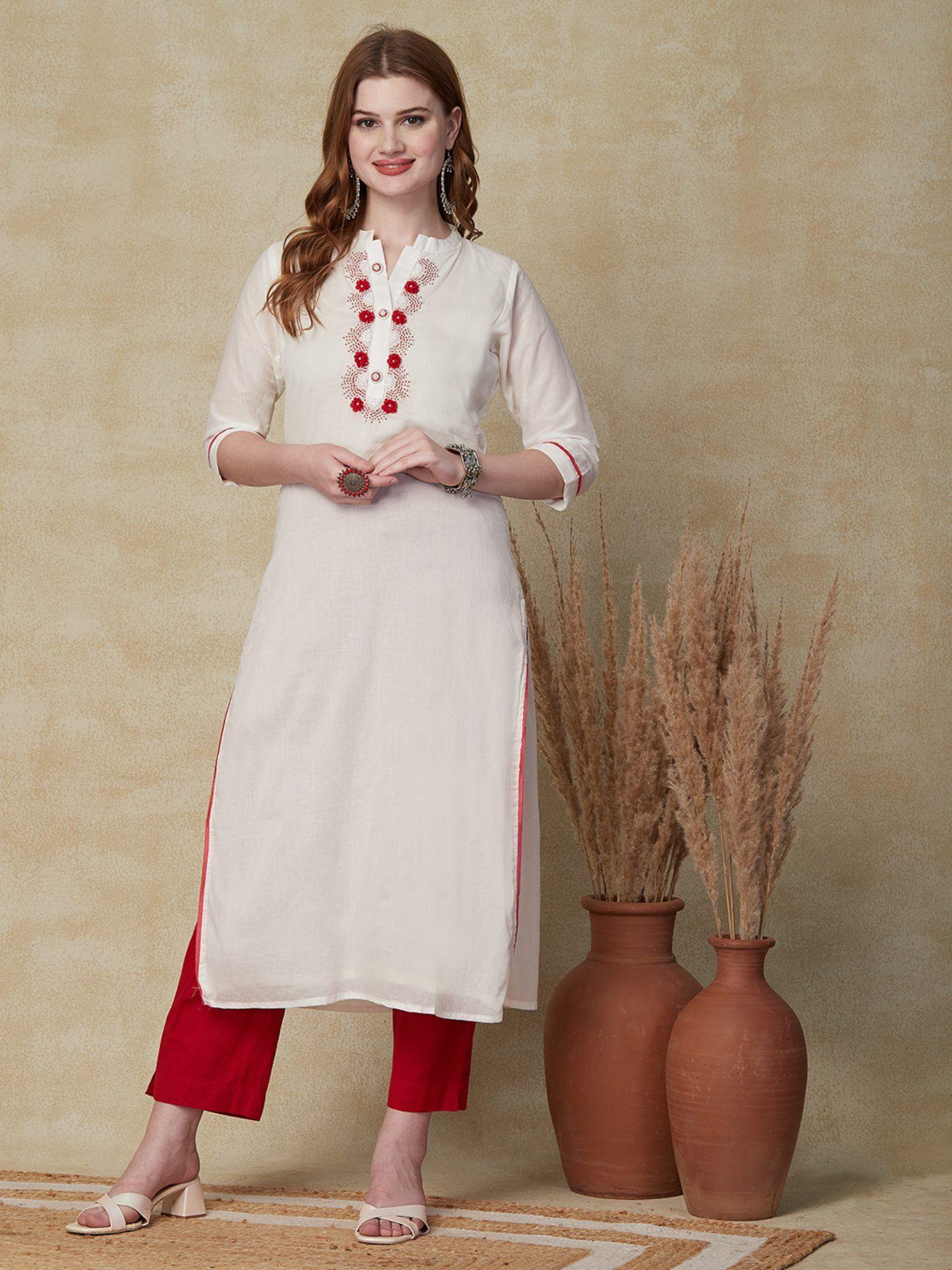 solid beads & resham embroidered kurta white