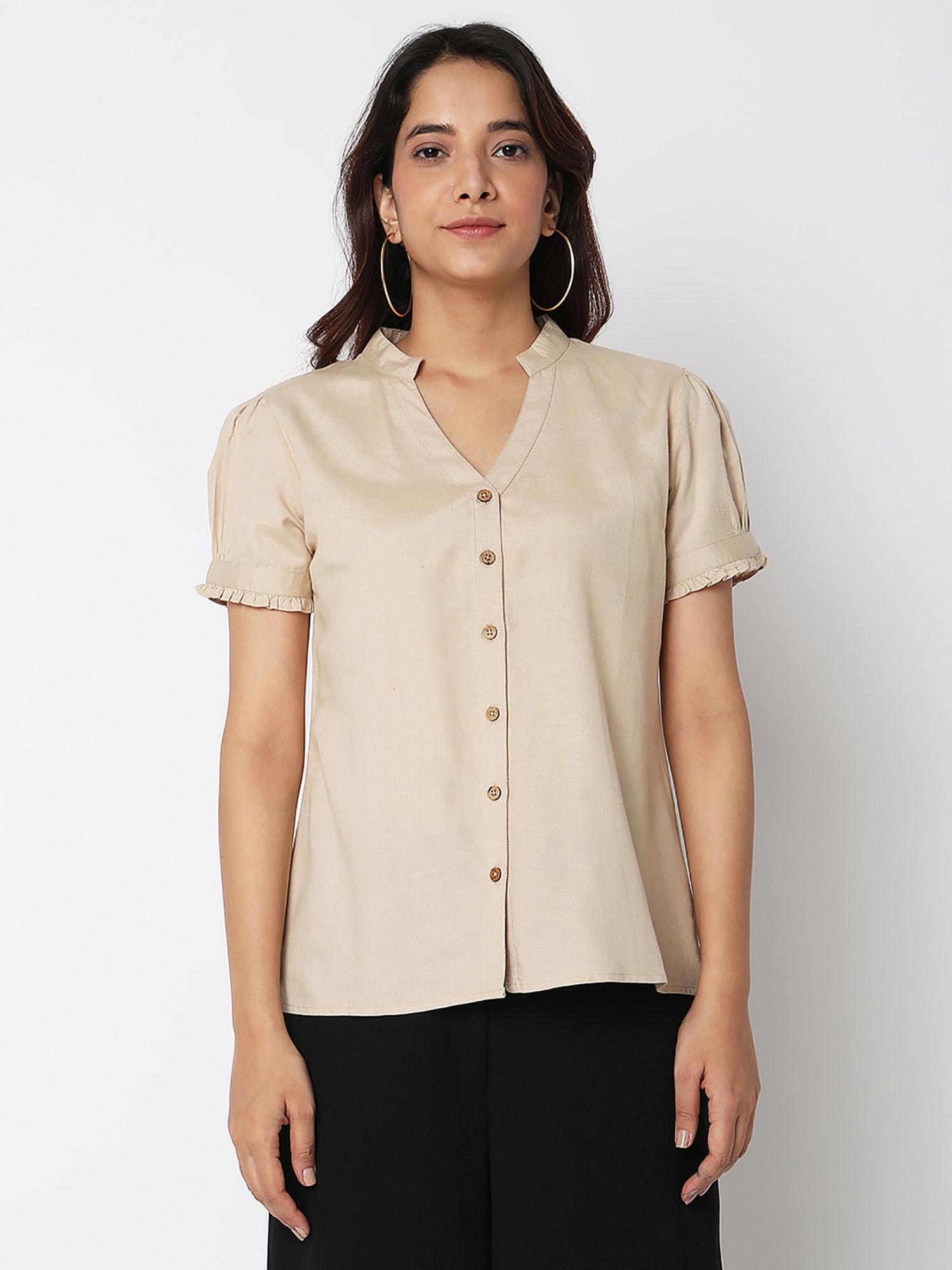 solid beige formal shirt with ruffle detail