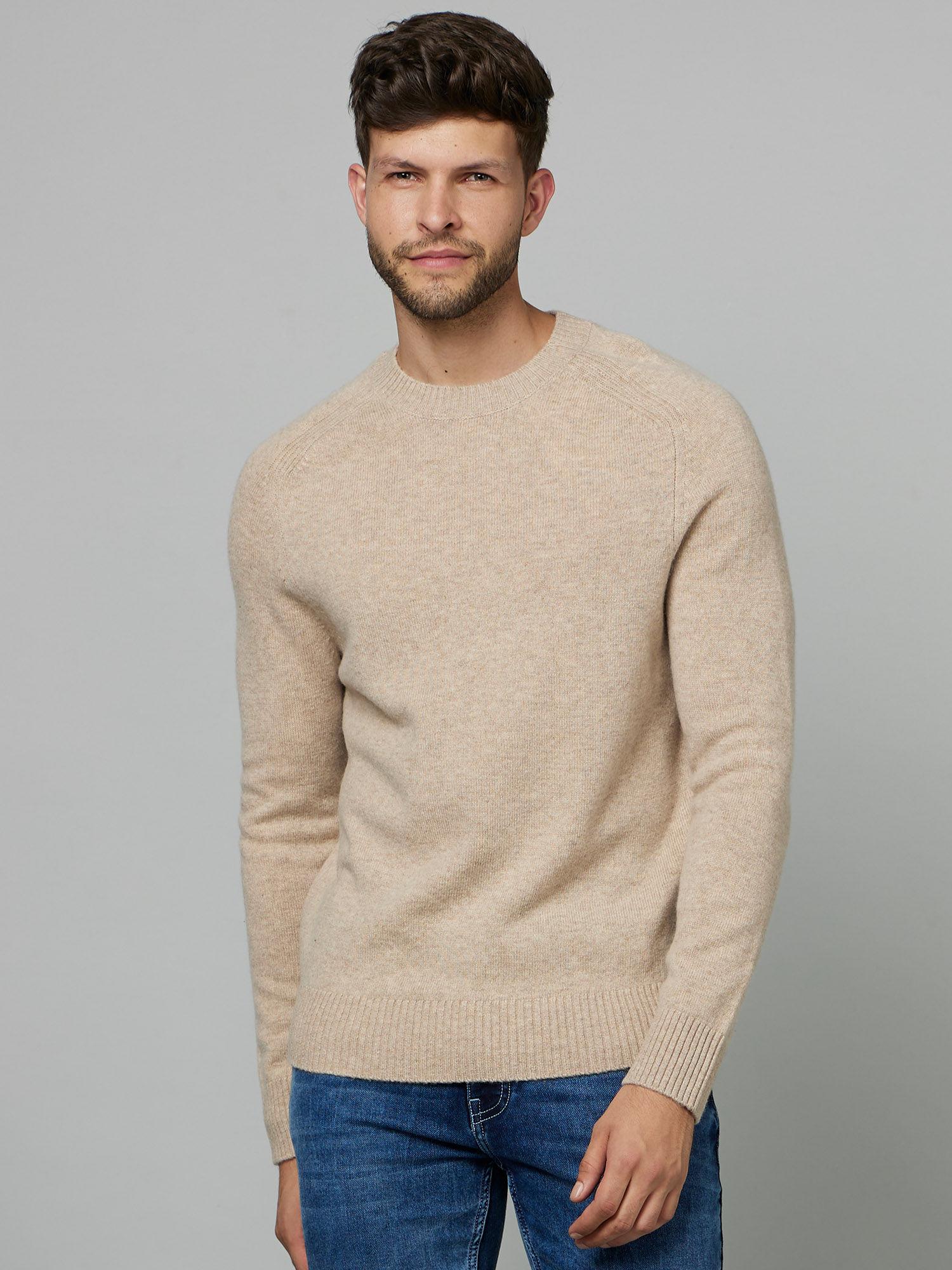 solid beige long sleeves round neck sweater