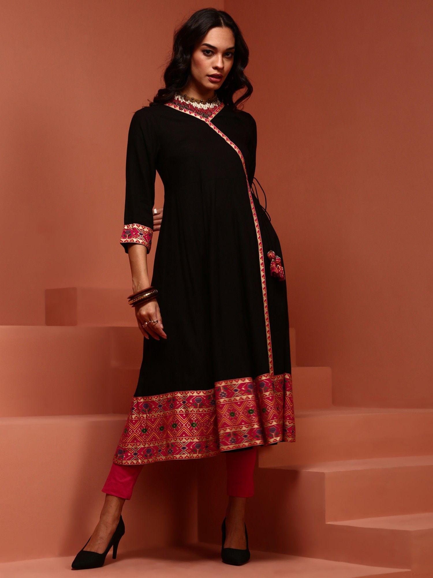 solid black a-line anagrakha kurta