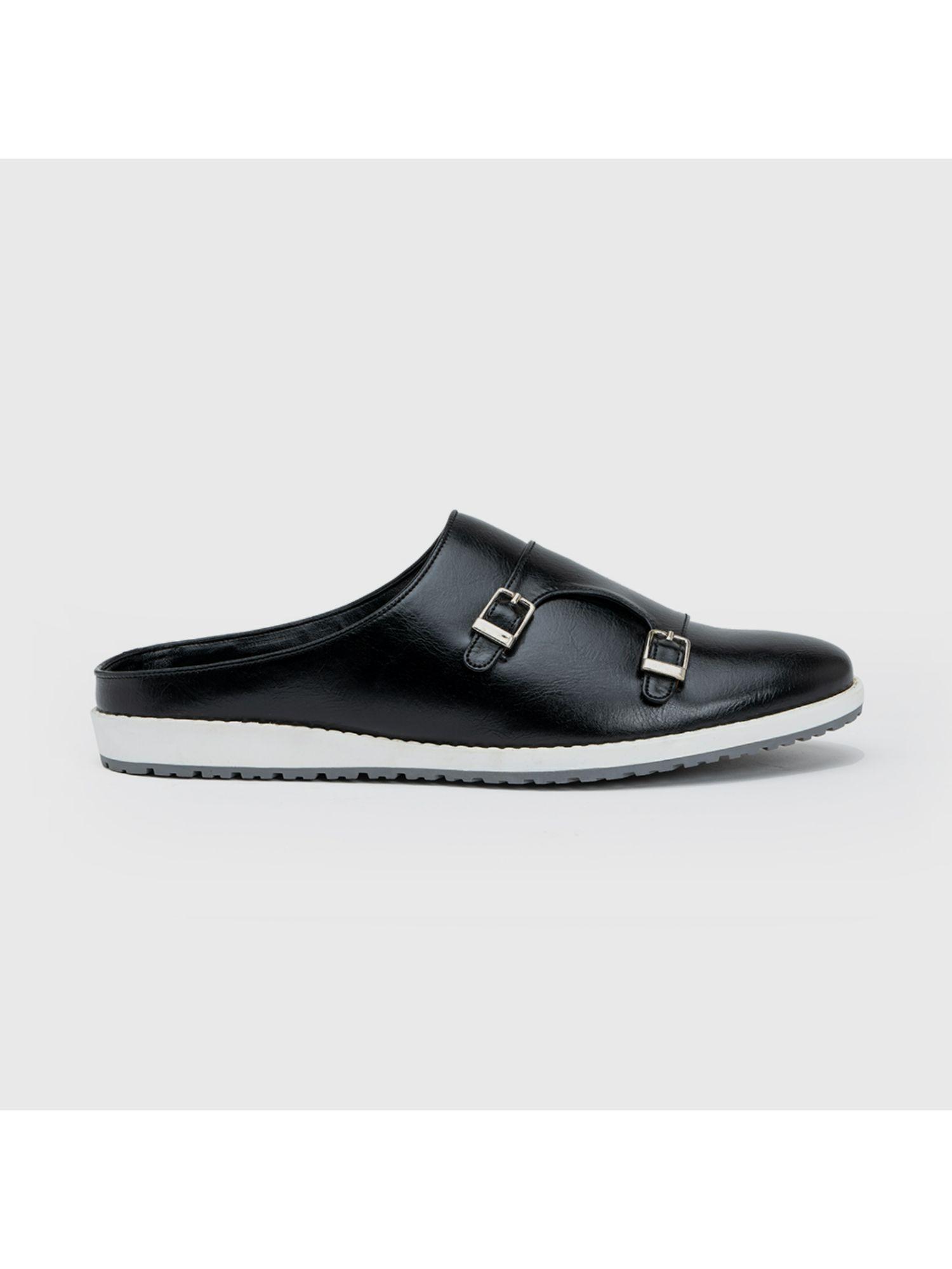 solid black monk strap mules