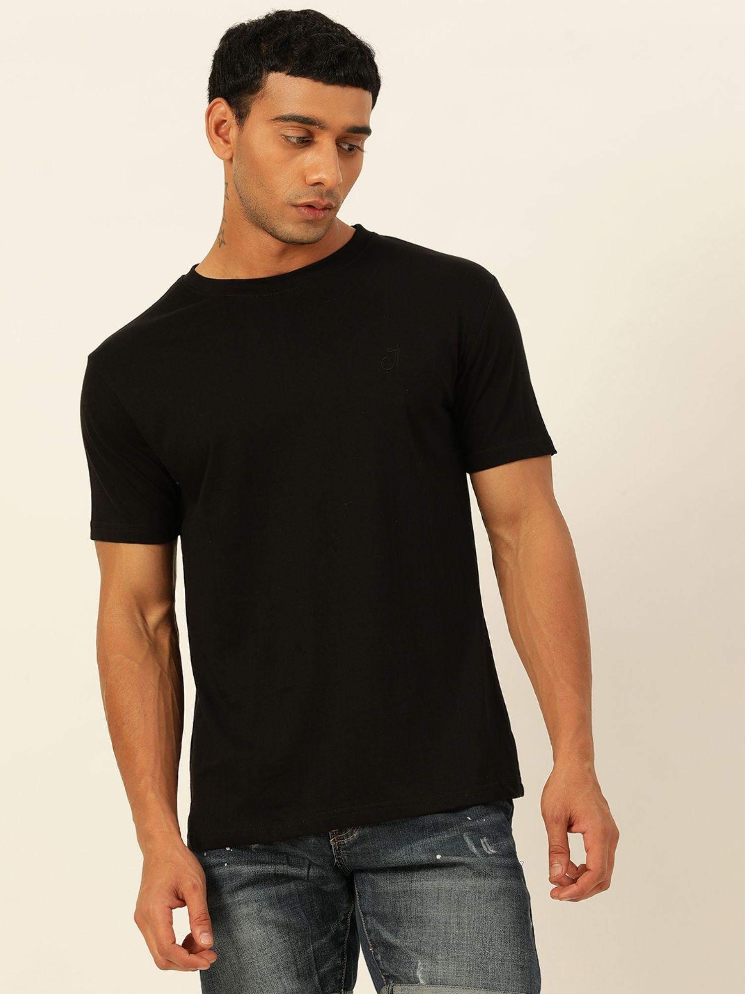 solid black round neck cotton relaxed fit t shirt