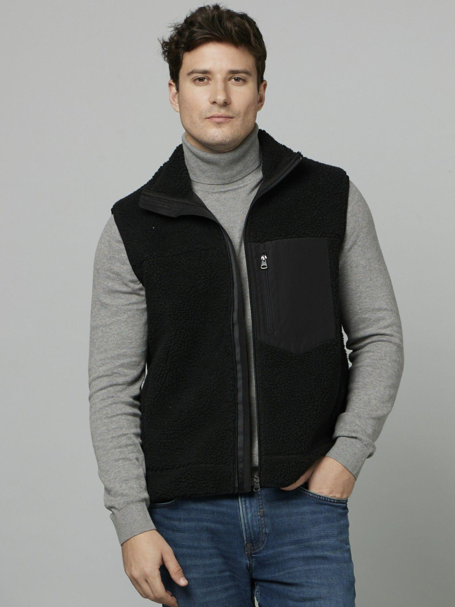 solid black sleeveless sherpa jacket