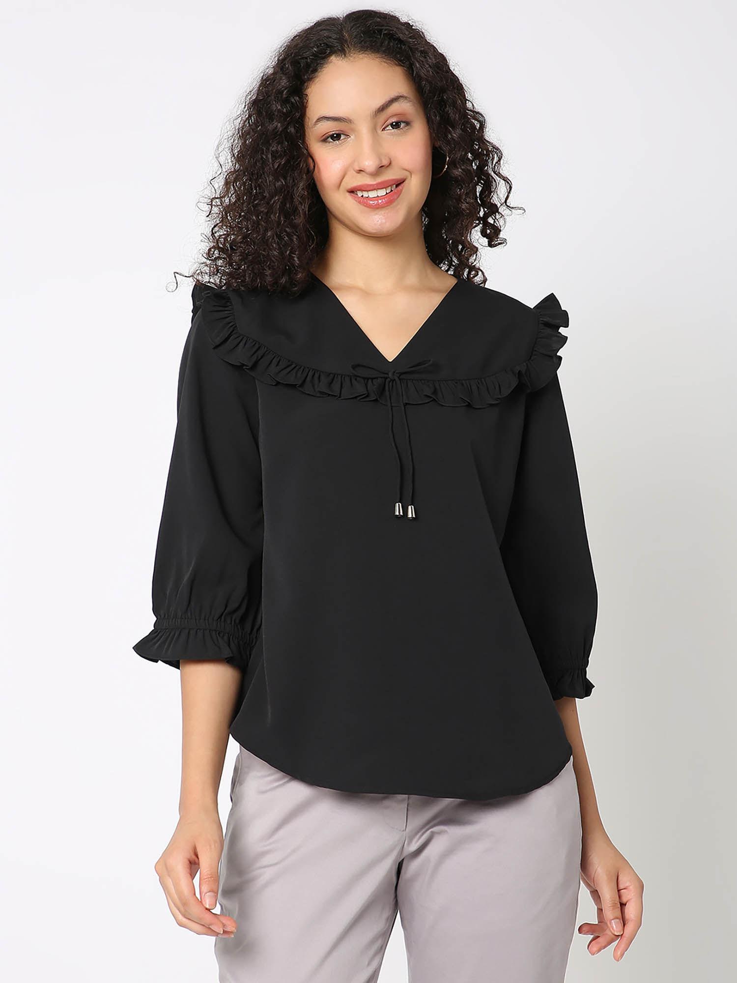 solid black three fourth sleeves top with detailing