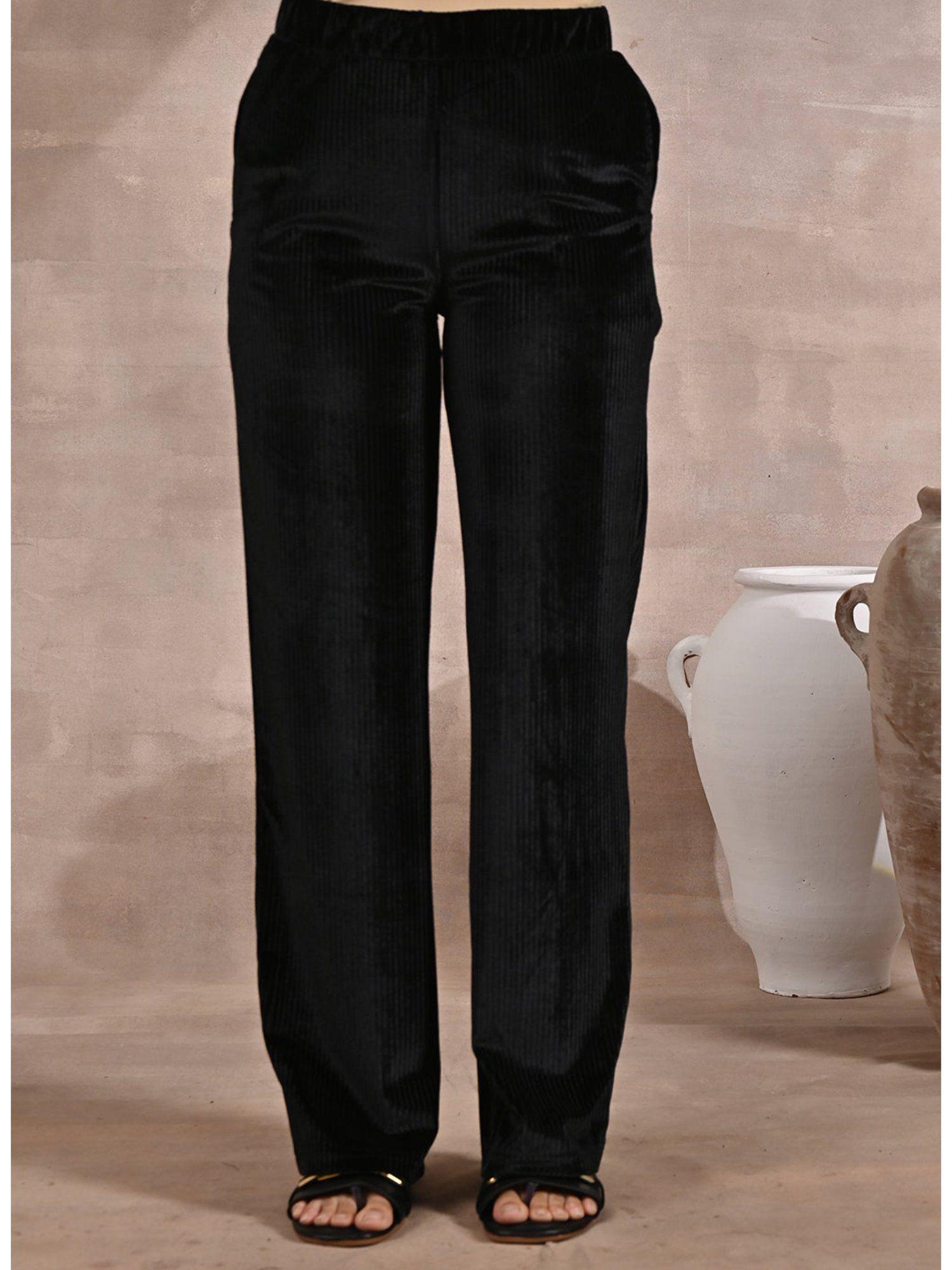 solid black velour straight-fit palazzo with elastic waist band