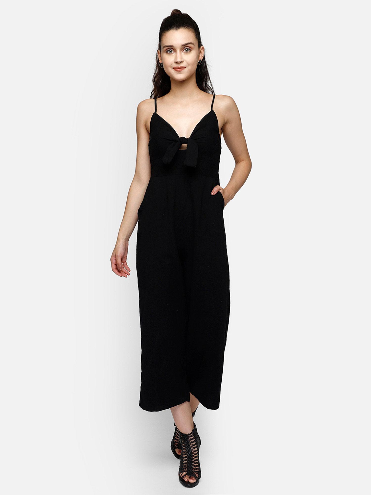 solid black viscose halter neck jumpsuit