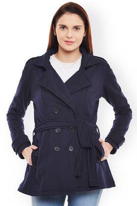 solid blended collared women's coat - blue