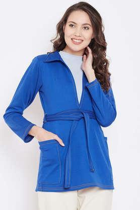 solid blended collared women's coat - blue
