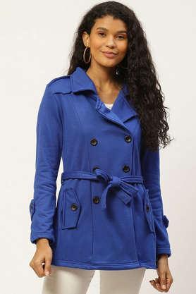 solid blended collared women's coat - blue