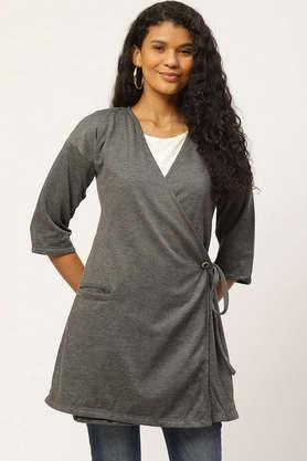 solid blended collared women's coat - charcoal