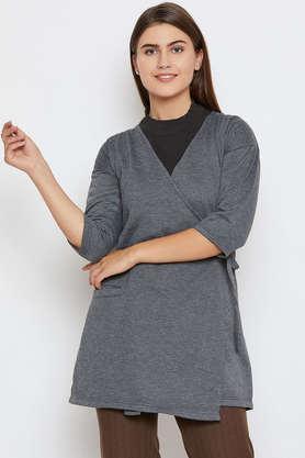 solid blended collared women's coat - dark grey