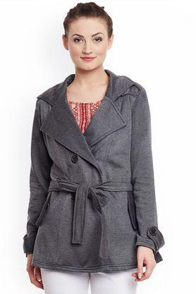 solid blended collared women's coat - dark grey