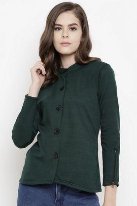 solid blended collared women's coat - green