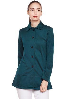 solid blended collared women's coat - green