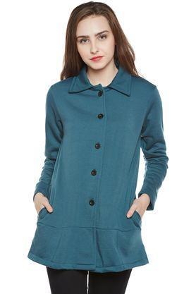 solid blended collared women's coat - green