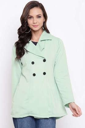 solid blended collared women's coat - green