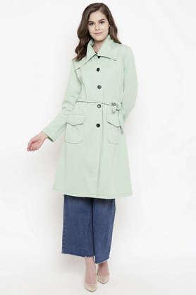 solid blended collared women's coat - green