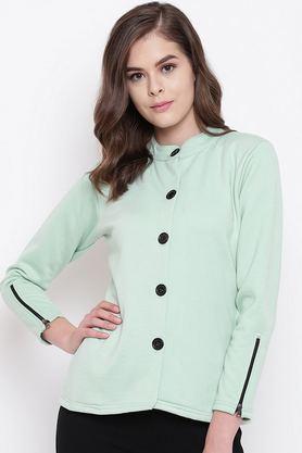 solid blended collared women's coat - green