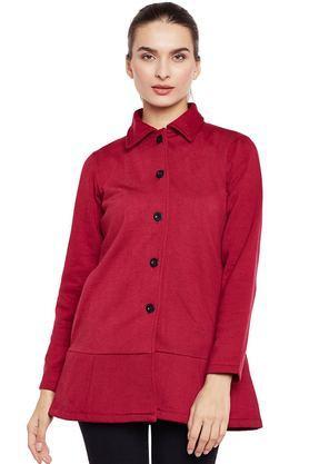 solid blended collared women's coat - maroon