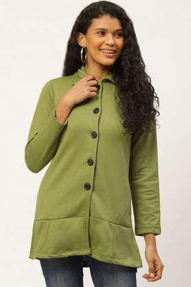 solid blended collared women's coat - olive