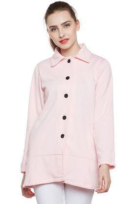 solid blended collared women's coat - pink