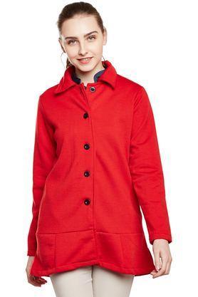 solid blended collared women's coat - red