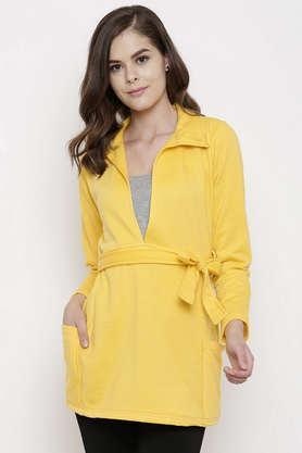 solid blended collared women's coat - yellow