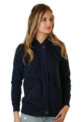 solid blended collared women's jacket - blue