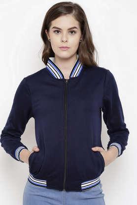 solid blended collared women's jacket - blue