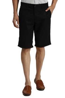 solid blended fabric button men's shorts - black