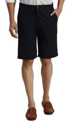 solid blended fabric button men's shorts - blue