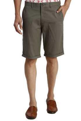 solid blended fabric button men's shorts - green