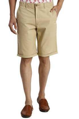 solid blended fabric button men's shorts - natural