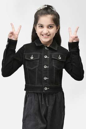 solid blended fabric collared girls jacket - black