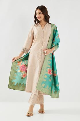 solid blended fabric collared women's pant kurta dupatta set - off white