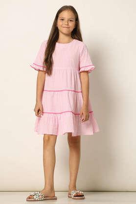 solid blended fabric regular fit girls dress - pink