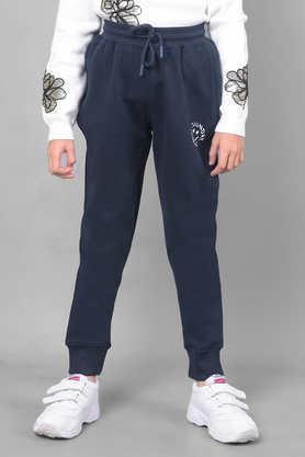 solid blended fabric regular fit girls track pants - navy