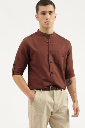 solid blended fabric regular fit men's casual shirt - brown