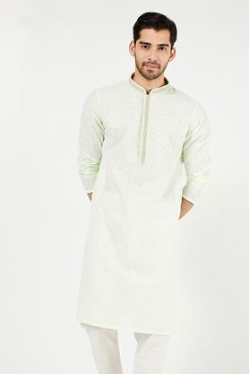 solid blended fabric regular fit men's kurta - green