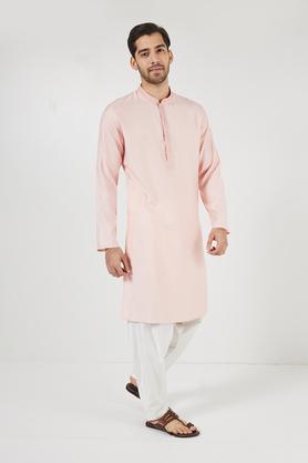 solid blended fabric regular fit men's kurta - pink