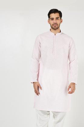 solid blended fabric regular fit men's kurta - pink