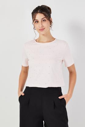 solid blended fabric regular fit women's t-shirt - pink