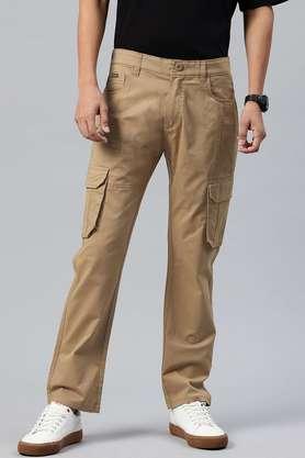 solid blended fabric relaxed fit men's casual trousers - khaki