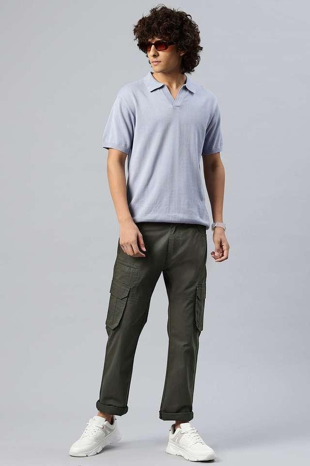 solid blended fabric relaxed fit mens casual trousers