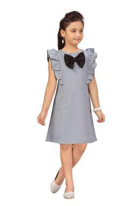 solid blended fabric round neck girls party wear dress - grey