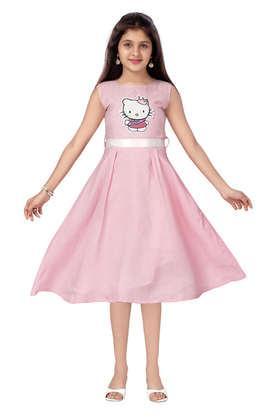 solid blended fabric round neck girls party wear dress - pink