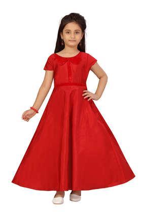 solid blended fabric round neck girls party wear gown - red